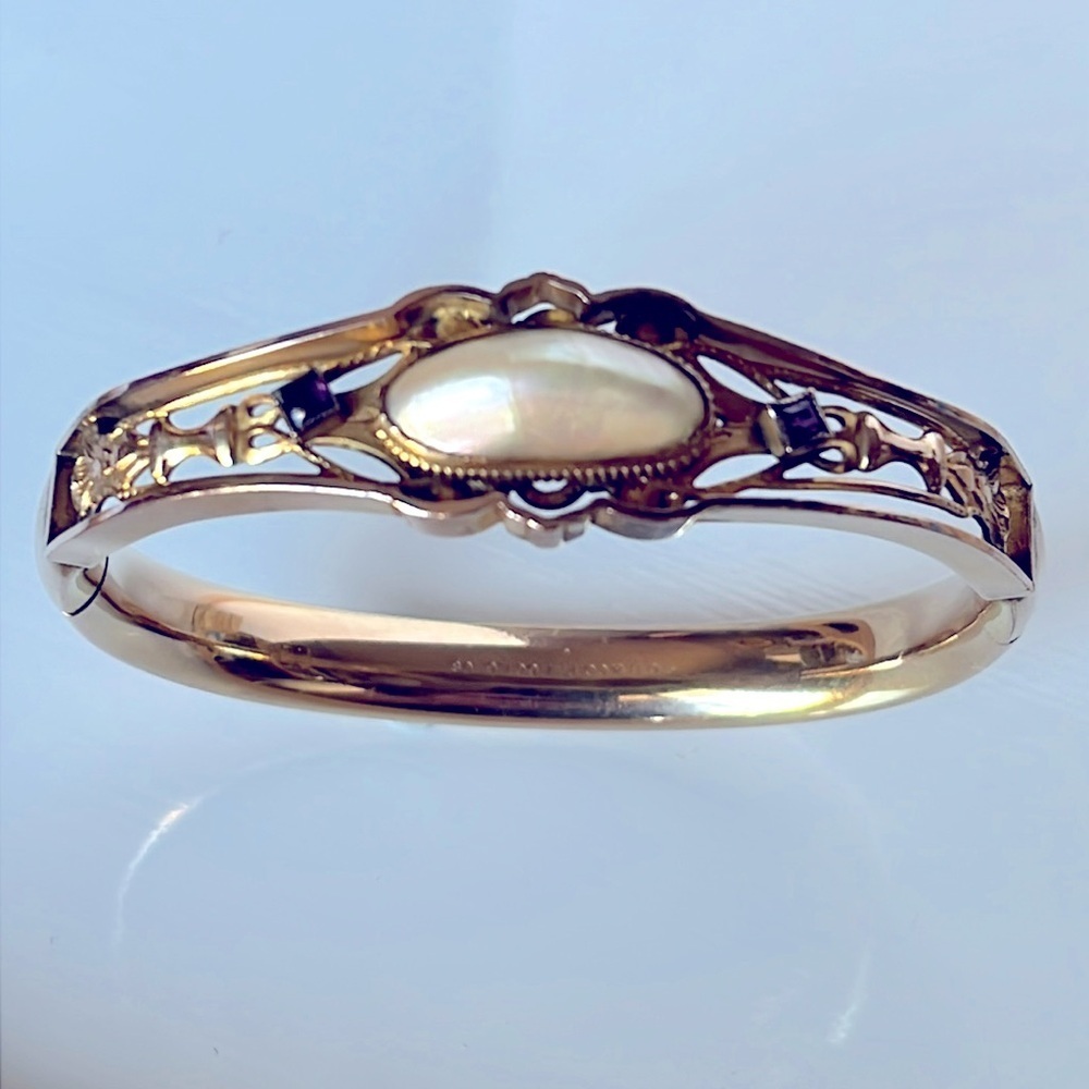 Antique Edwardian Gold Tone Glass Purple Pearl Stone Bangle Bracelet  S.O.B & CO